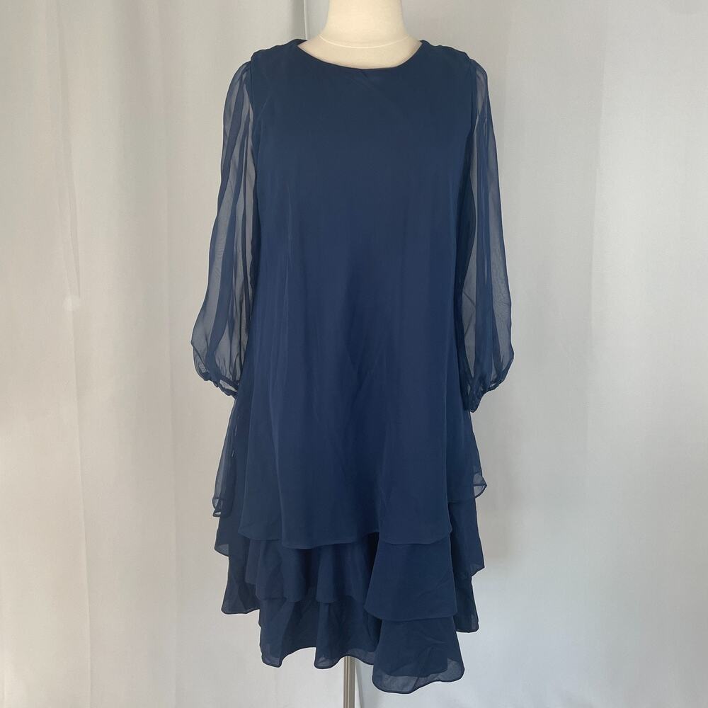 Vintage 70s Dress Plus Size 24 Blue Ruffle Hem Sheer Puff Sleeve Cocktail Party